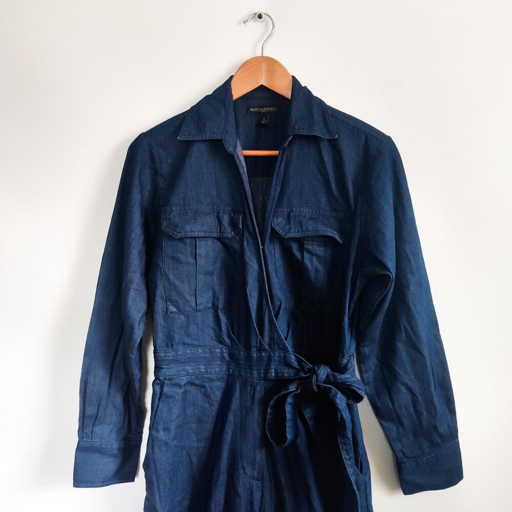New Banana Republic Jumpsuit Size 6 Denim Wrap Top Dark Blue Long Sleeve NWOT - Picture 6 of 15